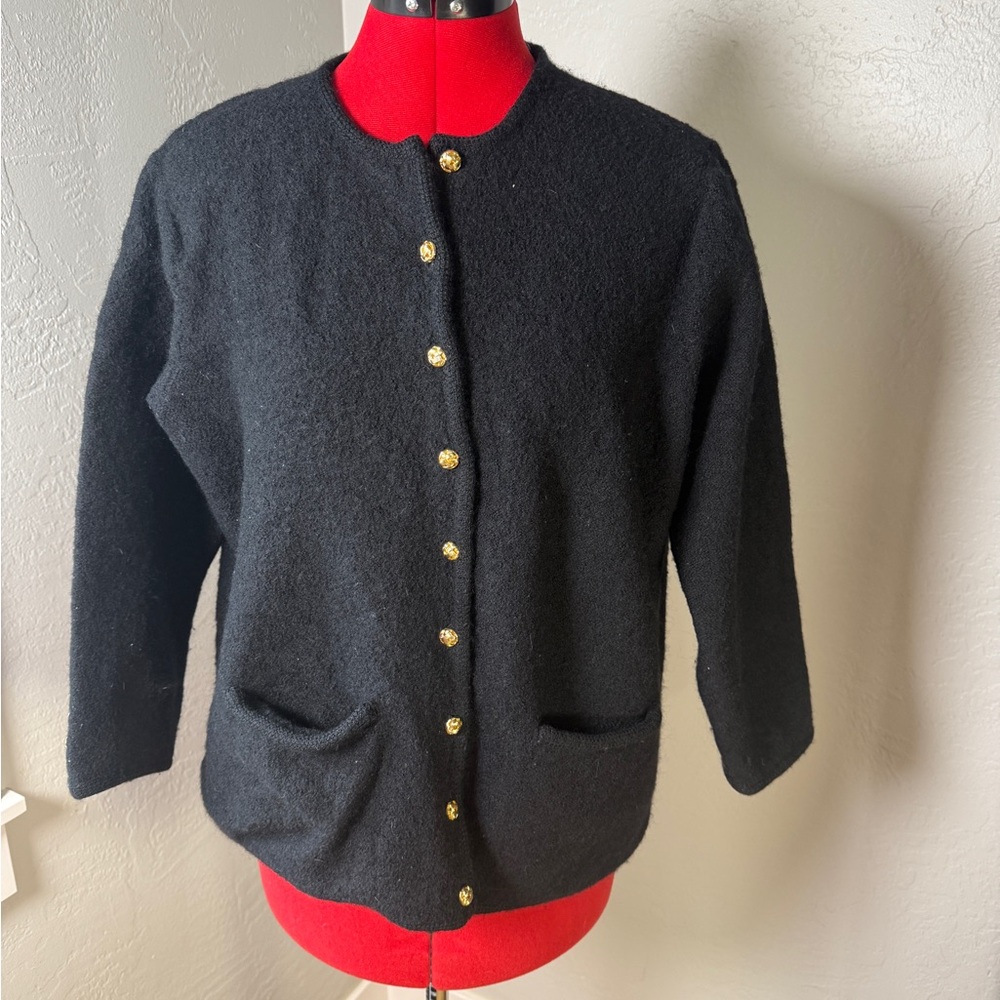 Vintage Karen Scott II Pure Wool Black Gold Button Sweater Cardigan Plus Size 1X